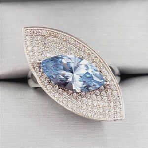 Genuine 2 Carat Blue Topaz Marquise & Pave Diamond Simuants 925 Silver Ring